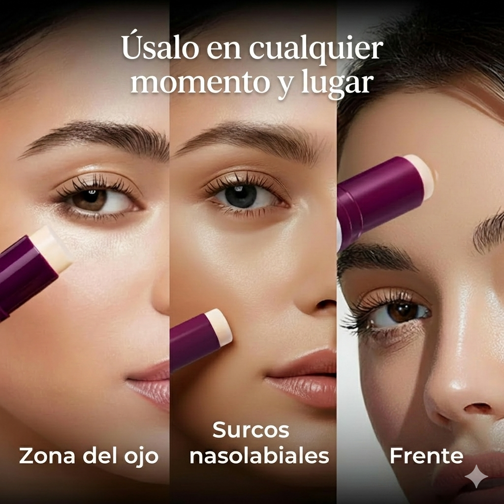 Makeup stick application on a woman's face with text in Spanish.