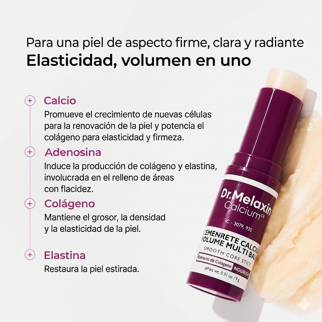 Dermelux Collagen Lift balm stick with text on skin benefits and ingredients.
