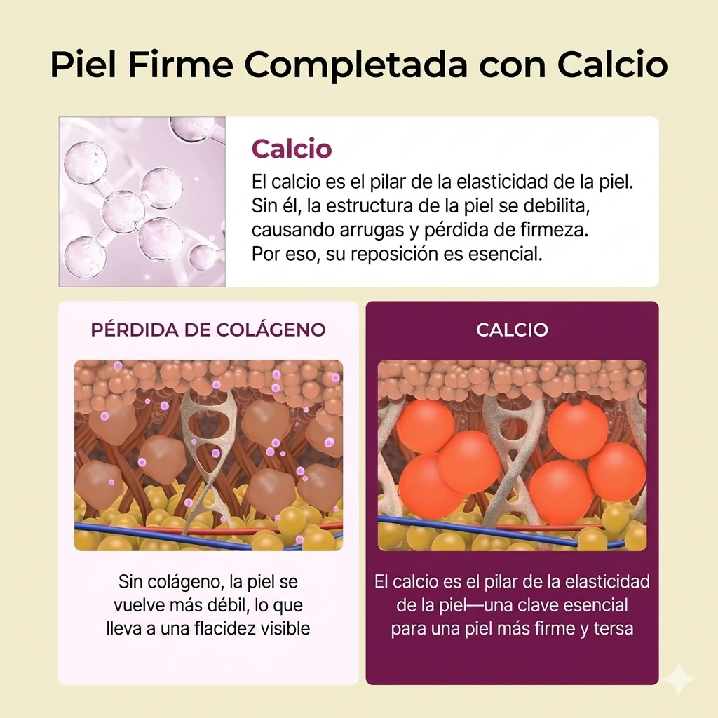 Educational graphic about skin firmness with calcium, showing molecular structures and text in Spanish.